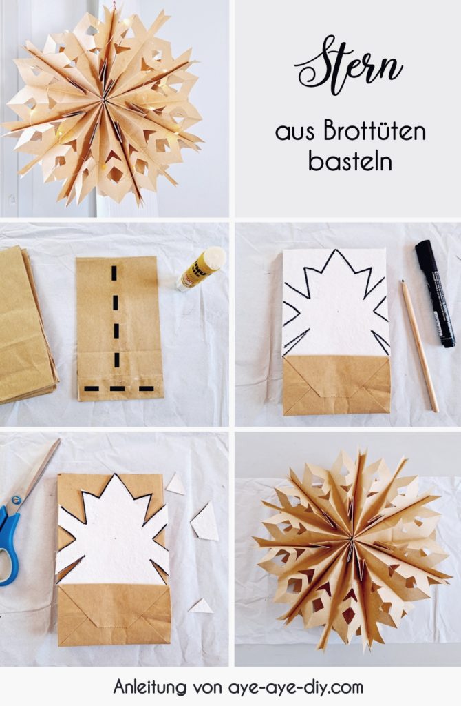 Stern basteln Papier - Schneeflocken Stern basteln aus Brottüte Anleitung